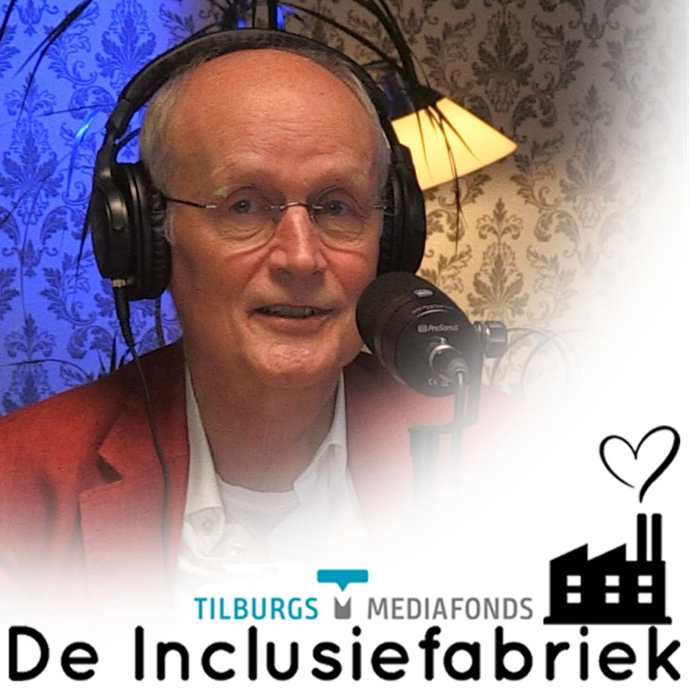 Hans Siebers wearing headphones at a microphone, cover art for De Inclusiefabriek